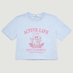 Hang Ten Cropped Boxy Fit Light Blue T-Shirt w/ Pink Cat Graphic Sz Medium Twee